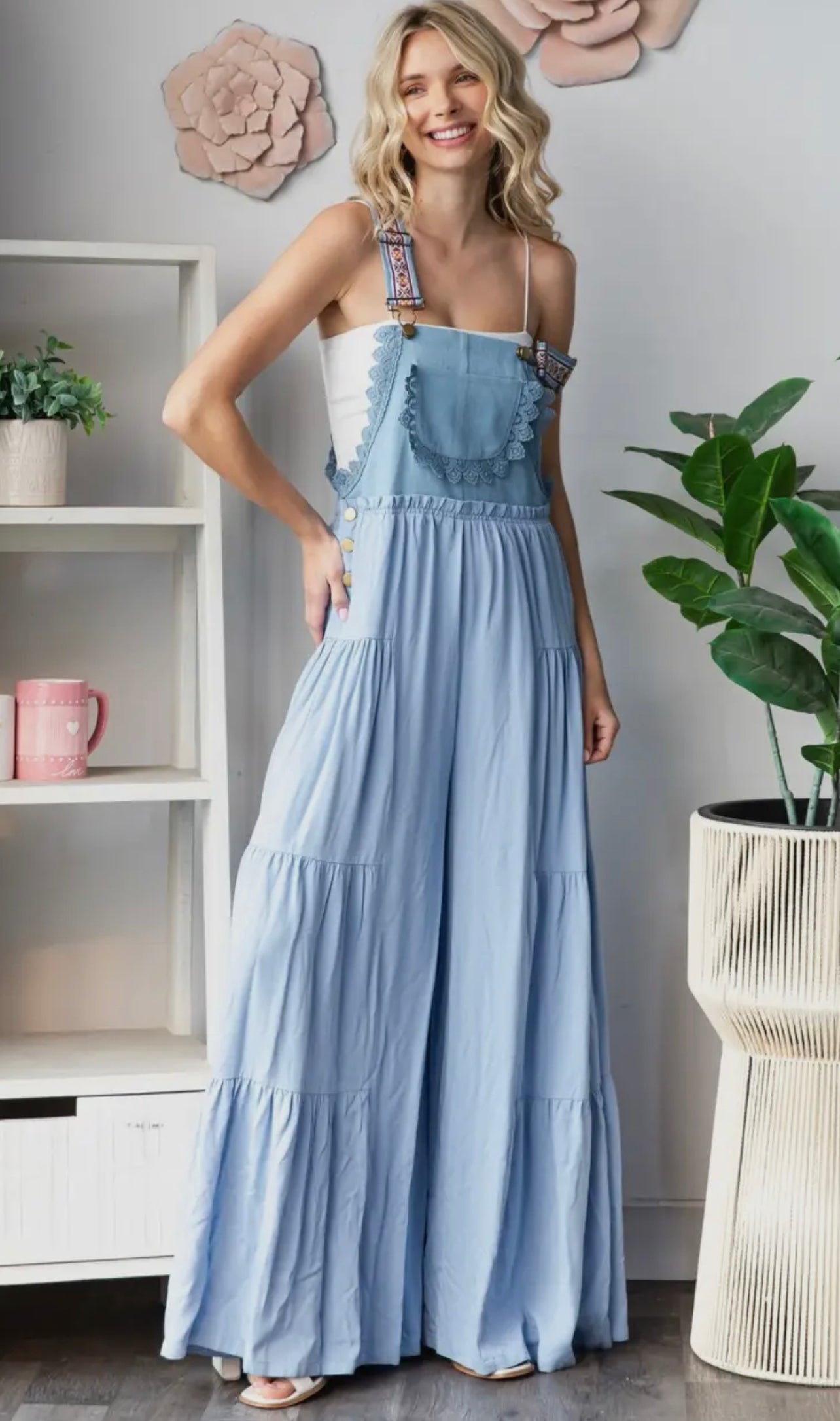 Embroidered Strap Flowy Jumpsuit**